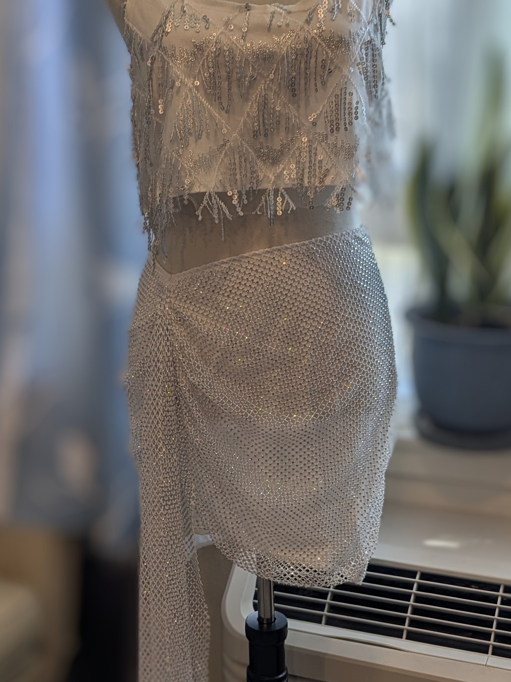 12th Tribe Silver Sequin Fringe Crop Top and Draped Mesh Skirt Set